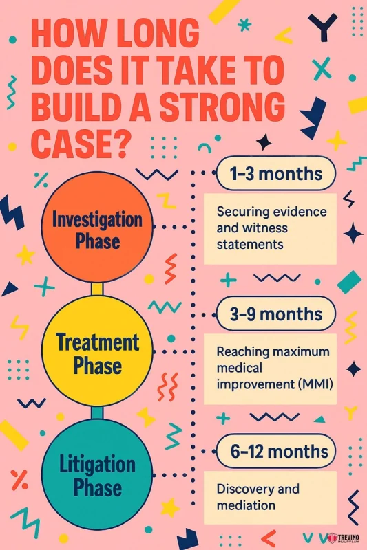 How Long Does It Take To Build A Stong Case. Infographic titled "How Long Does It Take To Build a Strong Work Injury Case in San Antonio?" with three phases: Investigation (1-3 months), Treatment (3-9 months), and Litigation (6-12 months).