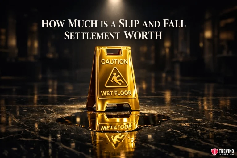 How much is a slip and fall settlement worth. A yellow caution sign reading "Caution Wet Floor" stands on a shiny, reflective marble floor in a dimly lit room. Large text above the sign says, "How much is a slip and fall settlement worth." The Treviño Injury Law logo is in the bottom right corner.