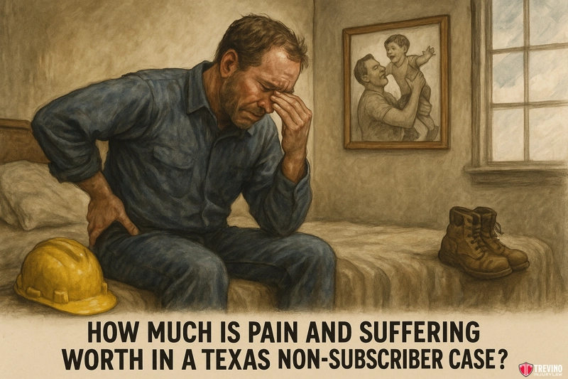 How Much Is Pain And Suffering Worth In a Texas Nonsubscriber Case. A weary man sits on a bed, head in hand and eyes closed in distress. A hard hat and work boots are nearby. A photo shows him joyfully holding a child. Text below reads, “How much work accident compensation can you recover from a Texas non-subscriber employer?”.