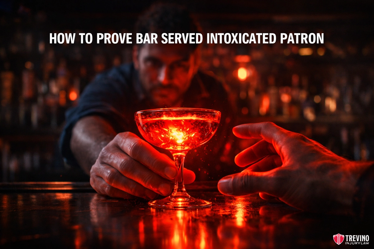 How to prove a bar served an intoxicated patron. A bartender hands a glowing, red-lit cocktail to a patron across a dimly lit bar. White text above says, “How to Prove Bar Served Intoxicated Patron.” The Trevino Injury Law logo appears in the lower right corner. The background is blurred with warm lights.