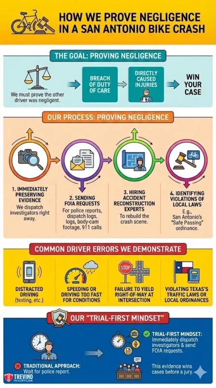 How-we-prove-negligence-in-a-san-antonio-bike-crash. Infographic titled "How We Prove Negligence in a San Antonio Bike Crash," showing steps: preserve evidence, send FOIA requests, hire accident experts, identify local violations; lists common driver errors and compares traditional vs. trial-first legal approaches.