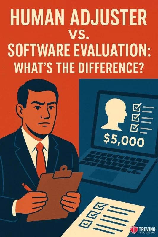 Human vs adjuster software evaluation. An illustrated man in a suit holds a clipboard and pen beside a laptop showing a profile and checklists. The screen displays “$5,000.” Large text reads: “Human Adjuster vs. Software Evaluation: What’s the Difference?” Trevino Injury Law logo at bottom.