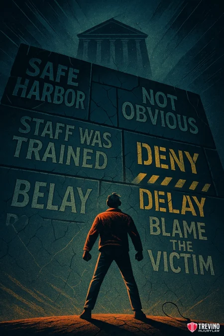 How Do Bars and Their Insurance Companies Fight Dram Shop Claims?. A person stands at the base of a towering stone wall in San Antonio, words like "SAFE HARBOR" and "BLAME THE VICTIM" carved into its blocks—a dark, dramatic scene echoing what a skilled Dram Shop Lawyer might face.