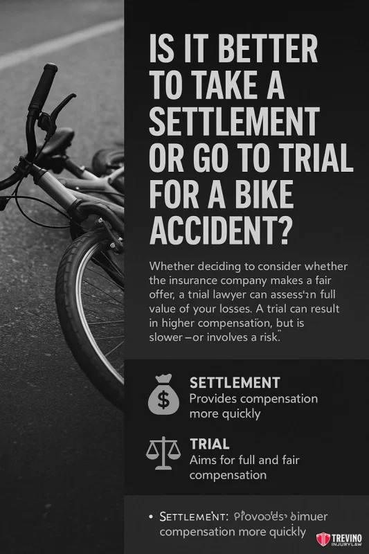 Is it better to take a settlement or go to trial. A fallen bicycle lies on pavement beside bold text: “Is it better to take a settlement or go to trial for a bike accident?” Below, text explains pros and cons. Icons show a scale for “trial” and coins for “settlement.” The background is grayscale.