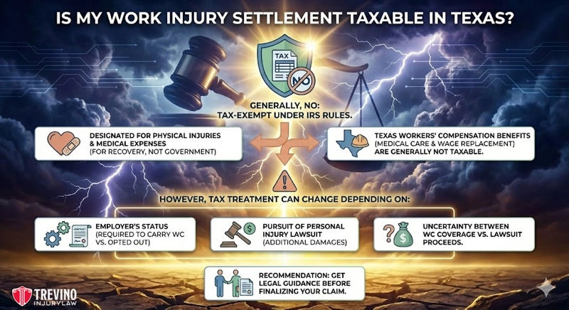 Is my work injury settlement taxable in texas. An infographic titled "Is My Work Injury Settlement Taxable in Texas?" explains that work accident compensation is generally non-taxable under IRS rules. It also highlights exceptions for Texas non-subscriber employer cases, lawsuit types, and coverage uncertainty.