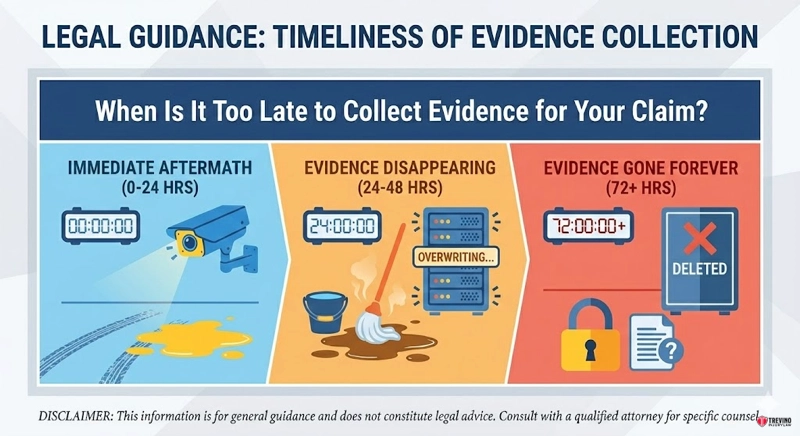 Legal guidance timeliness of evidence collection.Infographic titled "Legal Guidance: Timeliness of Evidence Collection" outlines work accident steps: Immediate Aftermath (0-24 hrs) with a camera, Evidence Disappearing (24-48 hrs), and Evidence Gone Forever (72+ hrs)—vital for San Antonio workplace injury cases.