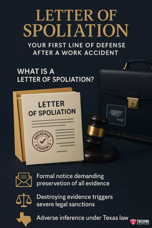 What Is a Letter of Spoliation?. A graphic titled "Letter of Spoliation" features a folder, a letter marked "EVIDENCE," a briefcase, and icons. Text explains the letter’s role in work injury cases in San Antonio, warning of legal penalties for destroying evidence under Texas law.