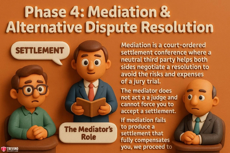 Mediation and alternative dispute resolution. Clay figures illustrate legal mediation: one holds a “Settlement” sign, another—dressed as a mediator—holds a book labeled “The Mediator’s Role.” Text explains mediation’s role in the San Antonio personal injury litigation process.