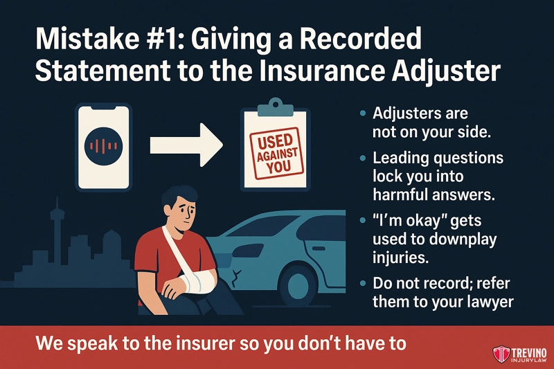 Mistake #1: Giving a Recorded Statement Without Legal Advice. A graphic warns against giving recorded statements to insurance adjusters after a San Antonio accident claim. It shows an injured person, audio recording icon, and reasons not to speak to adjusters. Bottom text: “We speak to the insurer so you don’t have to.”.