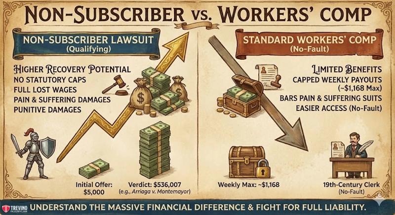 Non suscriber vs Workers Comp. A split infographic compares “Non-Subscriber Lawsuit” with “Standard Workers’ Comp.” On the left, a knight with cash and gold highlights higher payouts for work injuries in Texas non-subscriber lawsuits. On the right, a 19th-century clerk shows capped benefits and easier access.