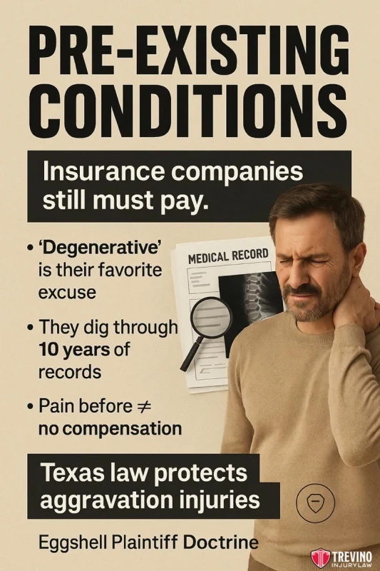 Pre-existing-conditions. A man holds his neck in pain next to an oversized medical record and magnifying glass. Text explains insurance excuses about pre-existing conditions and states Texas law protects aggravation injuries. Trevino Injury Law logo is at the bottom.