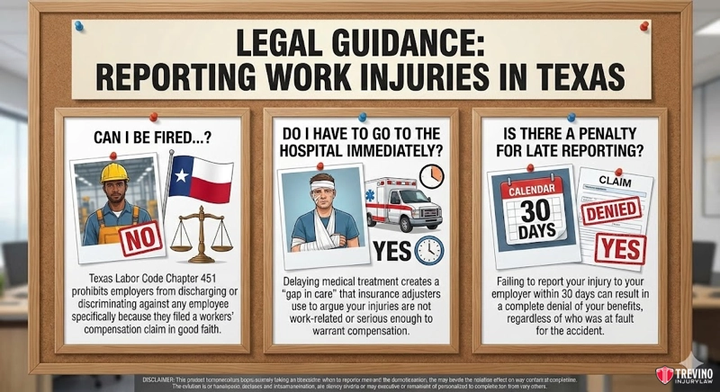 Reporting work injuries in texas. Infographic titled "Legal Guidance: Reporting Work Injuries in Texas" covers what to do after work accident. Learn about your rights, treatment steps, and why timely reporting is crucial for any work injury San Antonio workers might face.