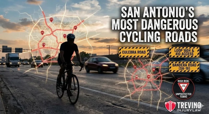 San-Antonio-Most-dangerous-roads. A cyclist rides alongside busy traffic at sunset. A map with highlighted red routes shows dangerous cycling roads in San Antonio. Text reads: “San Antonio’s Most Dangerous Cycling Roads.” Noted roads: Culebra, Loop 1604 & 410 Access, Bandera. Trevino Injury Law logo.