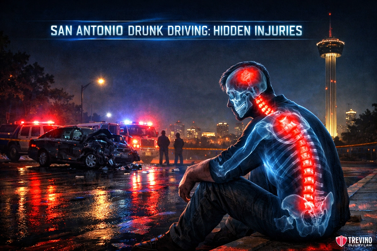 San Antonio drunk driving hidden injuries. A man sits on a wet street at night, his transparent body revealing glowing red injuries along his spine and skull. Police cars, an ambulance, and a crashed car are in the background, with a cityscape and tower visible. Text reads: “San Antonio Drunk Driving: Hidden Injuries.”.