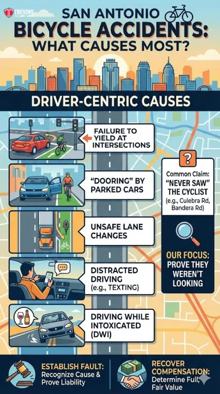 San-antonio-bicycle-accidents-causes. Infographic titled “San Antonio Bicycle Accidents: What Causes Most?” lists driver-centric causes: failing to yield, dooring, unsafe lane changes, distracted driving, and DWI. Includes city map, icons, and steps to establish fault and recover compensation.
