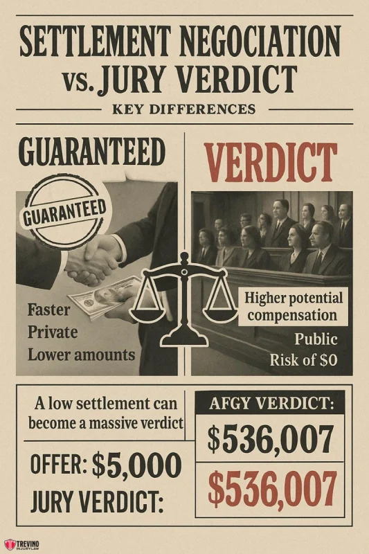 Settlement negociation vs jury veredict. Infographic compares the litigation process: settlement negotiation (guaranteed, faster, private) vs. jury verdict (higher compensation, public). Features an accident to verdict timeline and a San Antonio personal injury case with a $5,000 offer vs. $536,007 verdict.