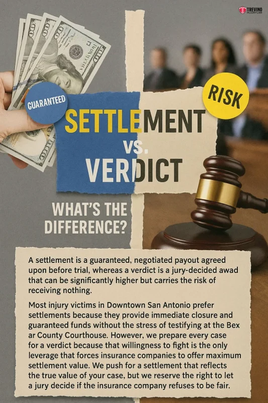 Settlement vs. Verdict: What’s the Difference?. Informational poster contrasts “settlement” (guaranteed, shown with cash) and “verdict” (risk, shown with a gavel) in a work injury case. Text explains differences to help San Antonio clients build a strong case and choose the best option.