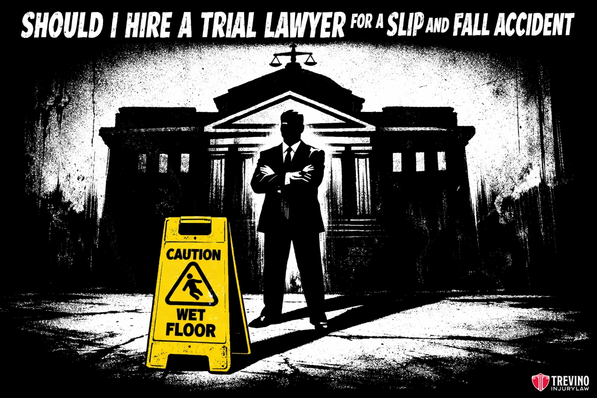 Should I hire a lawyer for a slip and fall accident. A dramatic black-and-white image shows a suited man standing in front of a courthouse. In the foreground is a yellow “Caution Wet Floor” sign. At the top, bold text asks, “Should I hire a trial lawyer for a slip and fall accident?”.