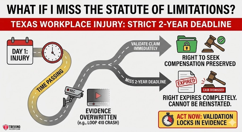 Statue of limitations. Infographic about missing the statute of limitations for Texas work injuries and Non-Subscriber Lawsuits. Timeline shows injury, time passing, and evidence being overwritten. Missing 2-year deadline means expired right and case dismissal. Urgent warning in red.