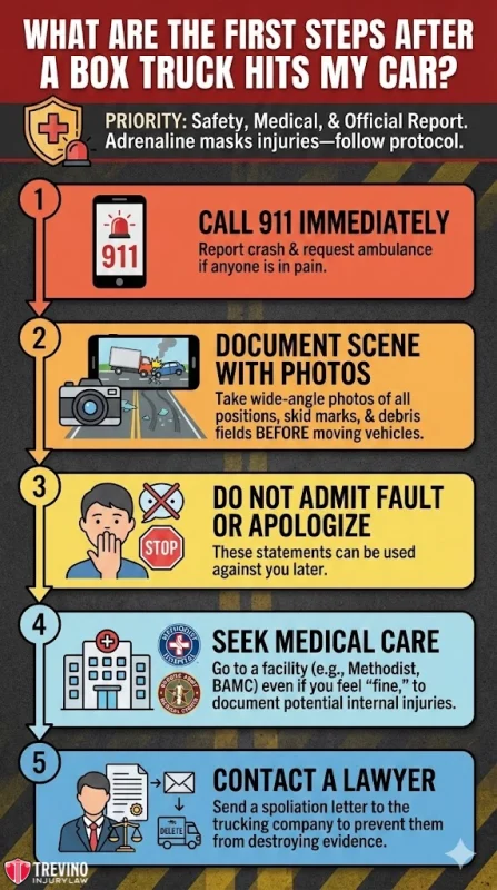 Steps after a box truck hits my car. Infographic with five steps to take after a box truck hits your car in San Antonio: Call 911, document the scene, don’t admit fault, seek medical care, and contact a San Antonio Box Truck Accident Lawyer before speaking to the trucking company.