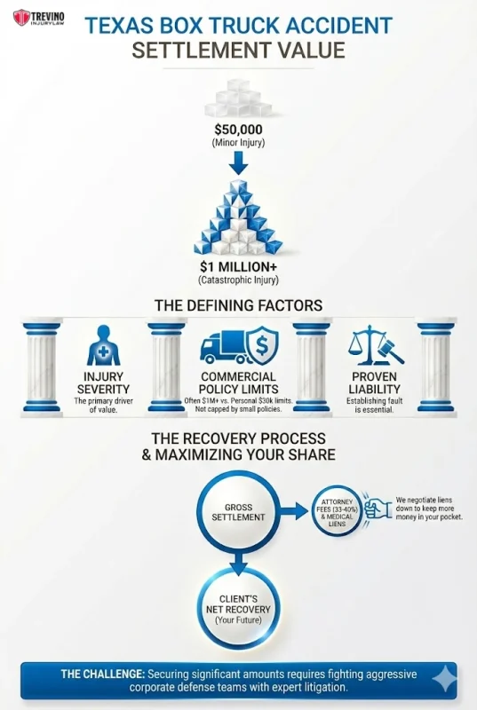 Box Truck Accident Settlement Worth. Infographic titled "Texas Box Truck Accident Settlement Value" shows settlement amounts ($50,000–$1M+), key factors (injury severity, policy limits, liability), and a recovery process chart—ideal for those seeking a San Antonio Box Truck Accident Lawyer.