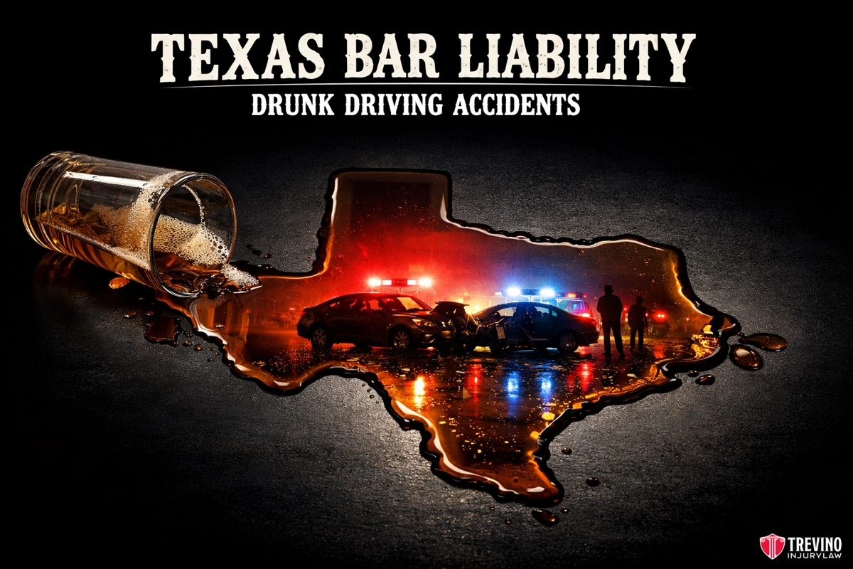 Texas bar Liability drunk driving accident. A tipped-over whiskey glass spills liquid in the shape of Texas. Inside the spill is a scene with crashed cars, police lights, and shadowy figures, illustrating drunk driving. Bold text above reads, "Texas Bar Liability Drunk Driving Accidents." Trevino Injury Law logo in the corner.