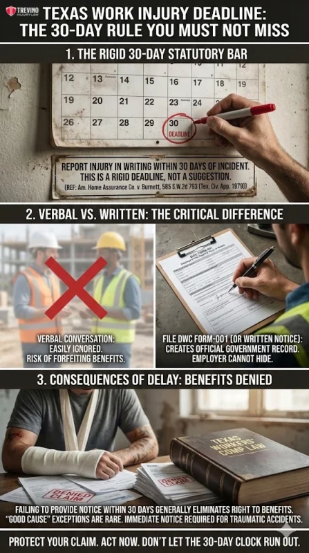 Texas work injury deadline.Infographic titled "Texas Work Injury Deadline: The 30-Day Rule You Must Not Miss," with images of a marked calendar, a worker talking, a hand writing, and a gavel. It covers key work accident steps in San Antonio and why reporting within 30 days safeguards your benefits.