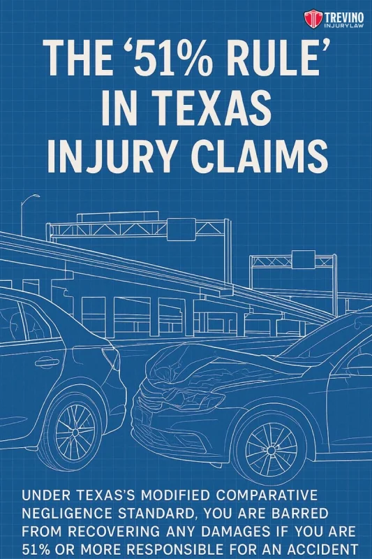 The-51 rule in texas injury claims. A blueprint-style graphic with cars under a highway overpass. Text reads: "The '51% Rule' in Texas Injury Claims. Under Texas's modified comparative negligence standard, you are barred from recovering damages if you are 51% or more responsible for an accident.