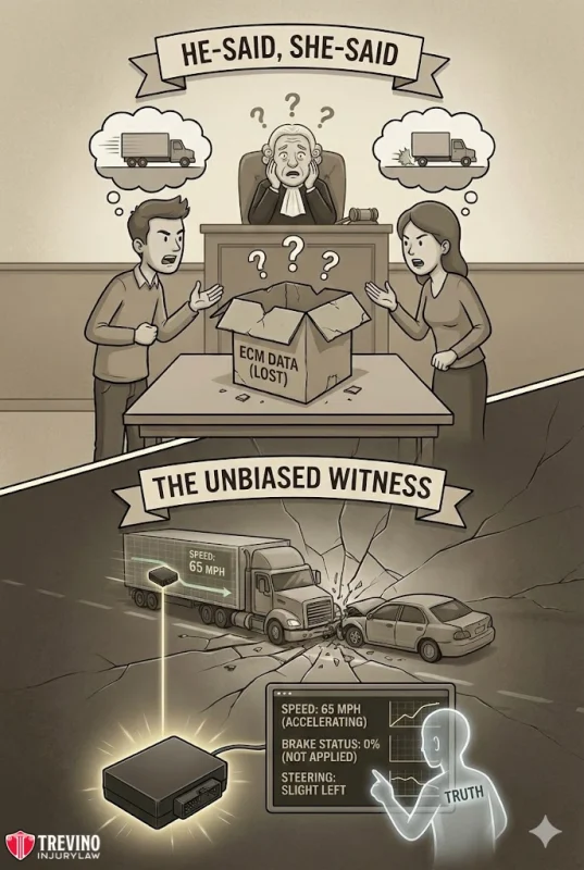 Preserve the Black Box (ECM) Data. A courtroom scene in San Antonio shows two people arguing before a judge. An open box labeled "ECM DATA (LOST)" sits between them, while a truck’s black box—an “unbiased witness”—reveals the truth, highlighting the value of a Box Truck Accident Lawyer.