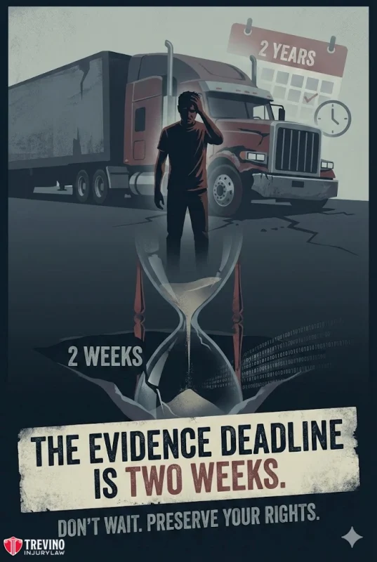 Statute of Limitations for Truck Accidents. A worried person stands before a large red semi-truck and an hourglass. Text reads "The evidence deadline is two weeks." Above are icons of a calendar labeled "2 years" and an hourglass labeled "2 weeks." San Antonio Box Truck Accident Lawyer logo appears in the corner.