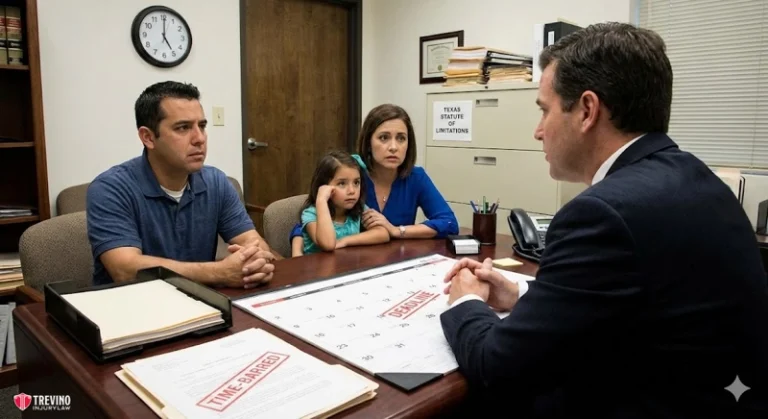 Time Claim wrongful death. A man, woman, and young girl sit anxiously at a desk across from a San Antonio wrongful death lawyer. Legal documents, a calendar marked “DEADLINE” and “TIME-BARRED,” shelves of files, and a clock showing 9:10 set the tense scene.