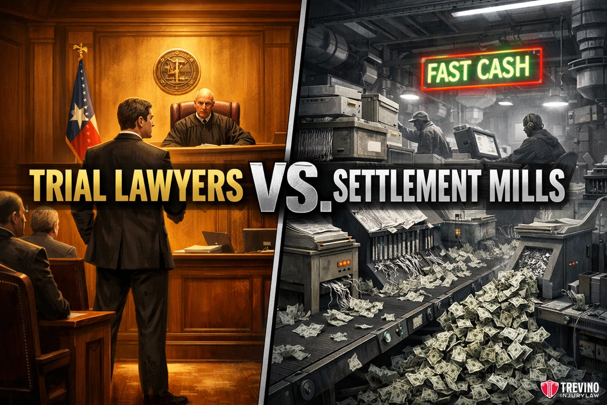 Trial-Lawyers-vs-Settlement-Mills. Split image: Left shows a courtroom with a judge, lawyers, and jury under the words "TRIAL LAWYERS." Right shows a factory labeled "FAST CASH," with conveyor belts and piles of money, under the words "SETTLEMENT MILLS.