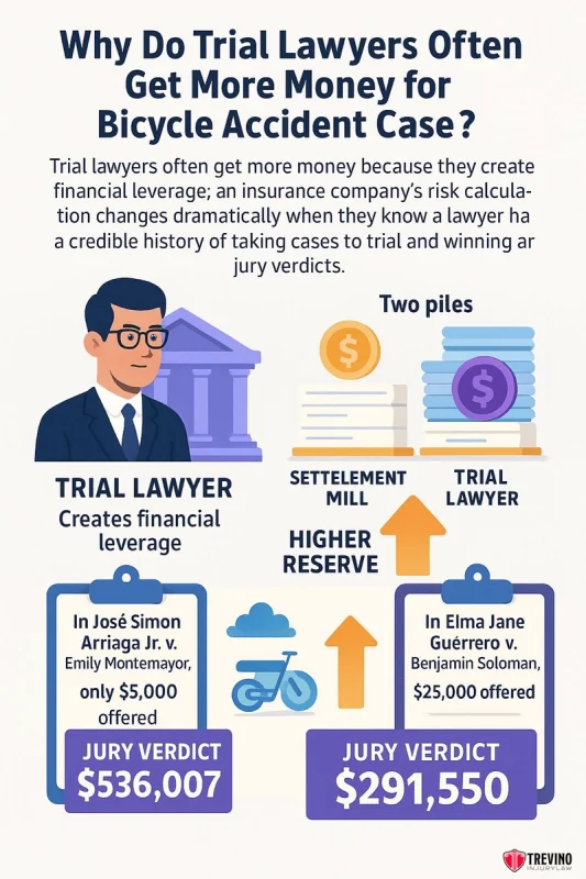 Why Do Trial Lawyers Often Get More Money for Bicycle Accident Case?” showing a trial lawyer vs. a settlement mill, with illustrated icons of a judge, lawyer, gavel, cyclist, and money. Jury verdict amounts: $536,007 and $291,550.