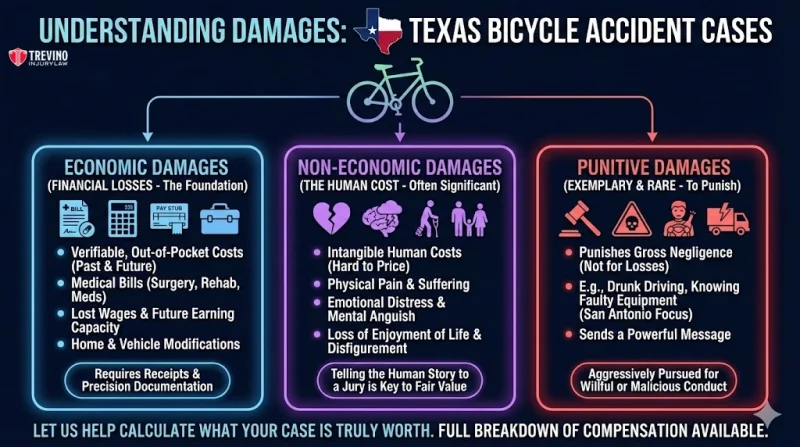Understanding-texas-bicycle-accident-cases. Infographic titled "Understanding Damages: Texas Bicycle Accident Cases" shows three damage types: Economic, Non-Economic, and Punitive, with icons and lists detailing examples of each, such as medical bills, pain, emotional distress, and punishment for gross negligence.
