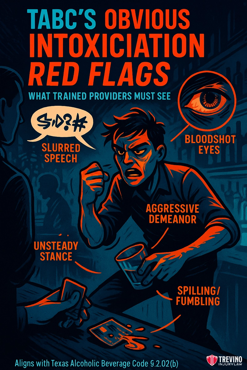 What is the "Obvious Intoxication" Standard in Texas Dram Shop Law?. A man at a bar in San Antonio shows signs of intoxication: slurred speech, bloodshot eyes, aggressive behavior, and fumbling drinks. Text and icons highlight these red flags and bar liability risks, all set in a dark, dramatic color scheme with Texas law references.