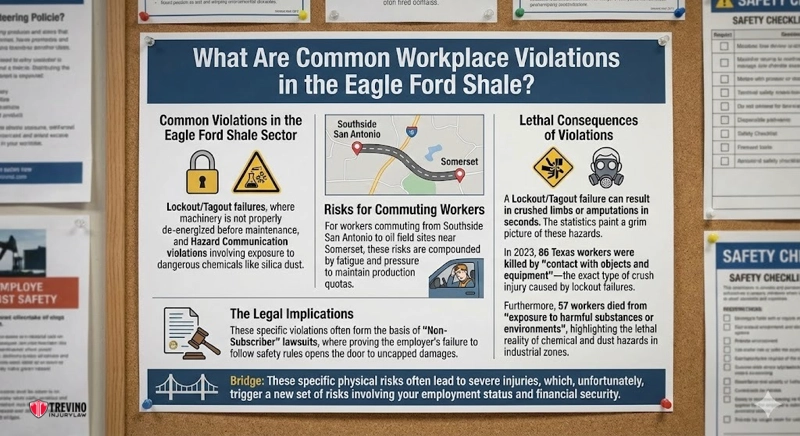 What Are Common Workplace Violations in the Eagle Ford Shale?. A bulletin board notice titled "What Are Common Workplace Violations in the Eagle Ford Shale?" highlights work injury risks, lockout/tagout violations, legal implications near San Antonio, and fatal consequences—using yellow caution icons and a clear map.