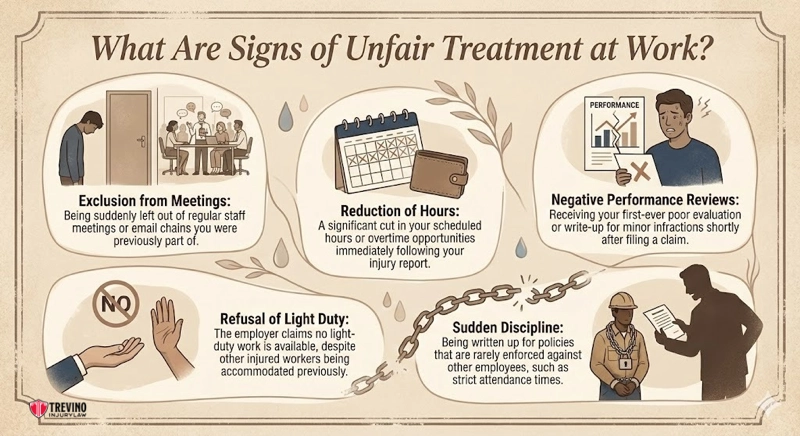 What Are Signs of Unfair Treatment at Work?. An infographic titled "What Are Signs of Unfair Treatment at Work?" lists: exclusion from meetings, reduction of hours, and sudden discipline—issues often addressed under San Antonio work injury laws. Illustrations and icons visually represent each unfair treatment type.
