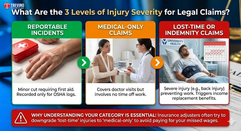 What Are the 3 Levels of Injury Severity for Legal Claims?. A graphic explains 3 injury claim levels under San Antonio work injury laws: Reportable Incidents (minor), Medical-Only Claims (doctor visit), and Lost-Time Claims (missed work). A warning urges correct categorization for fair compensation.