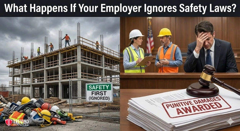 What Happens If Your Employer Ignores Safety Laws? .Split image: Left shows a San Antonio construction site with “Safety First (Ignored)” sign and unsafe conditions, highlighting work injury risks. Right shows a court with a judge, punitive damages paperwork, and people in safety gear reviewing evidence.