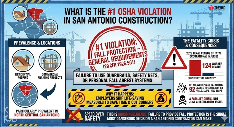 What Is the #1 OSHA Violation in San Antonio Construction. Infographic on San Antonio construction sites’ top OSHA violation: lack of fall protection. Shows work injury risks in residential roofing and framing, especially North Central San Antonio. Highlights 124 worker deaths, causes, and a warning against cutting corners on safety gear.