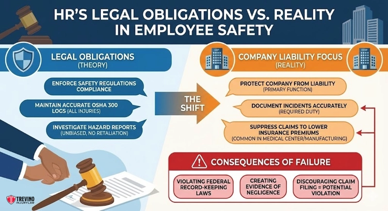 What Legal Obligations Does HR Have to Protect Employees?. Infographic contrasting HR’s legal obligations (safety compliance, OSHA records, unbiased hazard reports) with the reality (focus on liability, incident documentation, suppressing work injury risks). Covers San Antonio work injury laws and potential consequences.