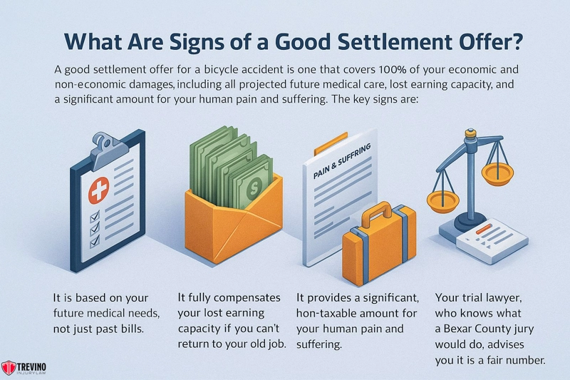 What Are Signs of a Good Settlement Offer?" showing icons of a clipboard, cash, a pain report, and a balance scale. Each icon is paired with text describing fair settlement criteria for medical needs, lost earnings, pain and suffering, and a lawyer’s advice.