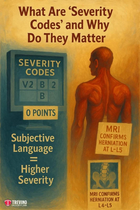 Severity codes. An illustrated poster explains “Severity Codes” with a human figure, MRI images showing herniation at L4-L5, a screen displaying codes “V2, B2, B” earning “0 points,” and the message: “Subjective Language = Higher Severity.” Trevino Injury Law logo at bottom left.
