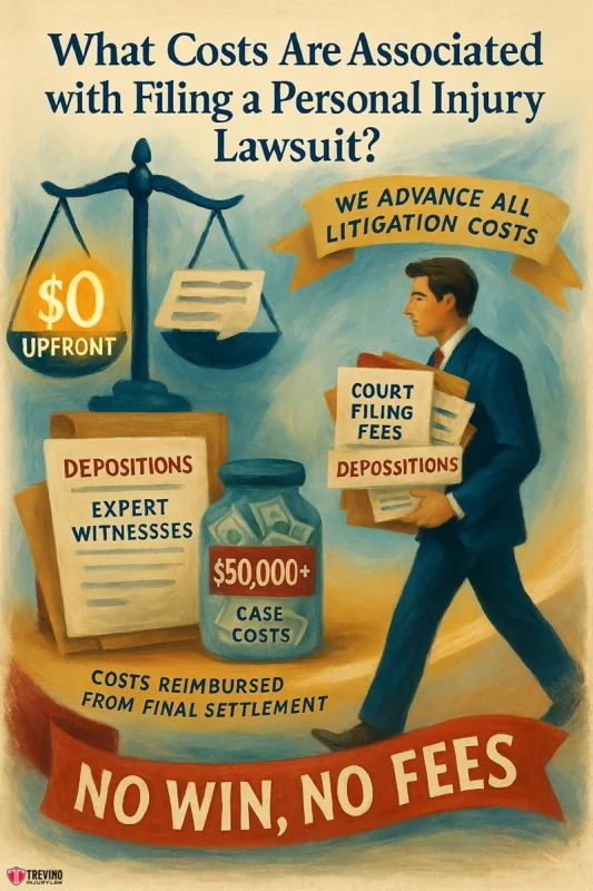 What costs are associated with filing a personal injury lawsuit. Illustration of a San Antonio personal injury lawyer with legal documents, a money jar labeled "$50,000+ Case Costs," and balance scale reading "$0 Upfront"—guiding you through the litigation process from accident to verdict. No win, no fees.
