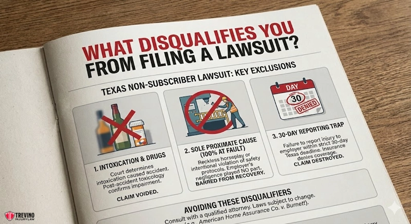 What disqualifies you from filing a lawsuit. pamphlet titled "WHAT DISQUALIFIES YOU FROM FILING A LAWSUIT?" lists three exclusions for Texas work injuries in non-subscriber lawsuits: intoxication/drugs, sole proximate cause, and missing the 30-day reporting deadline—each shown with related icons.