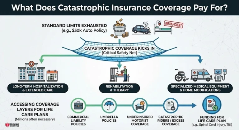 What Does Catastrophic Insurance Coverage Pay For?. Infographic explaining catastrophic insurance coverage: When standard limits are exhausted, catastrophic coverage begins, paying for long-term needs. A Catastrophic Injury Lawyer in San Antonio can help you navigate policies like liability and umbrella coverage layers.