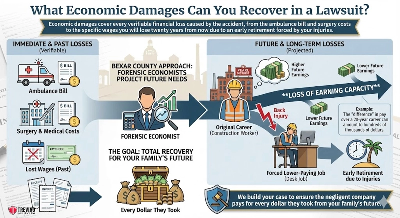What economic damages can you recover in a lawsuit. Infographic explains economic damages in lawsuits, showing immediate costs like ambulance, hospital, and lost wages on the left, with projected future costs—such as work accident compensation and lost earning capacity—on the right using icons and arrows.