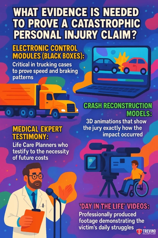 Evidence Needed to Prove a Catastrophic Personal Injury Claim.Infographic explains how a Catastrophic Injury Lawyer in San Antonio builds claims: black boxes track truck speed, 3D reconstructions show impact, medical experts testify on injuries, and “day in the life” videos reveal struggles. Bright icons illustrate each type.