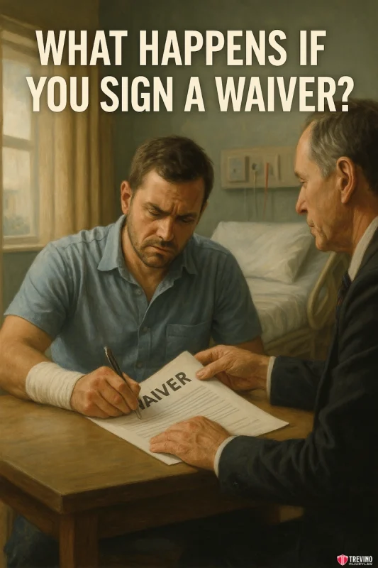 What happens if you sign a waiver. A man with a bandaged arm sits at a table in a hospital room, looking concerned as he signs a document labeled “WAIVER.” An official points to the paper. Bold text above asks, “WHAT HAPPENS TO YOUR Texas non-subscriber employer work injury claims?”.