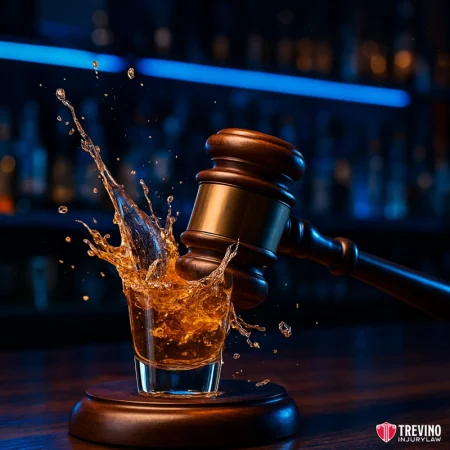 What is the dram shop act. A wooden judge’s gavel strikes a glass of whiskey, splashing liquid dramatically. Blue lights blur in the background, evoking a bar atmosphere. The Trevino Injury Law logo and “San Antonio Dram Shop Lawyer” appear in the bottom right corner.